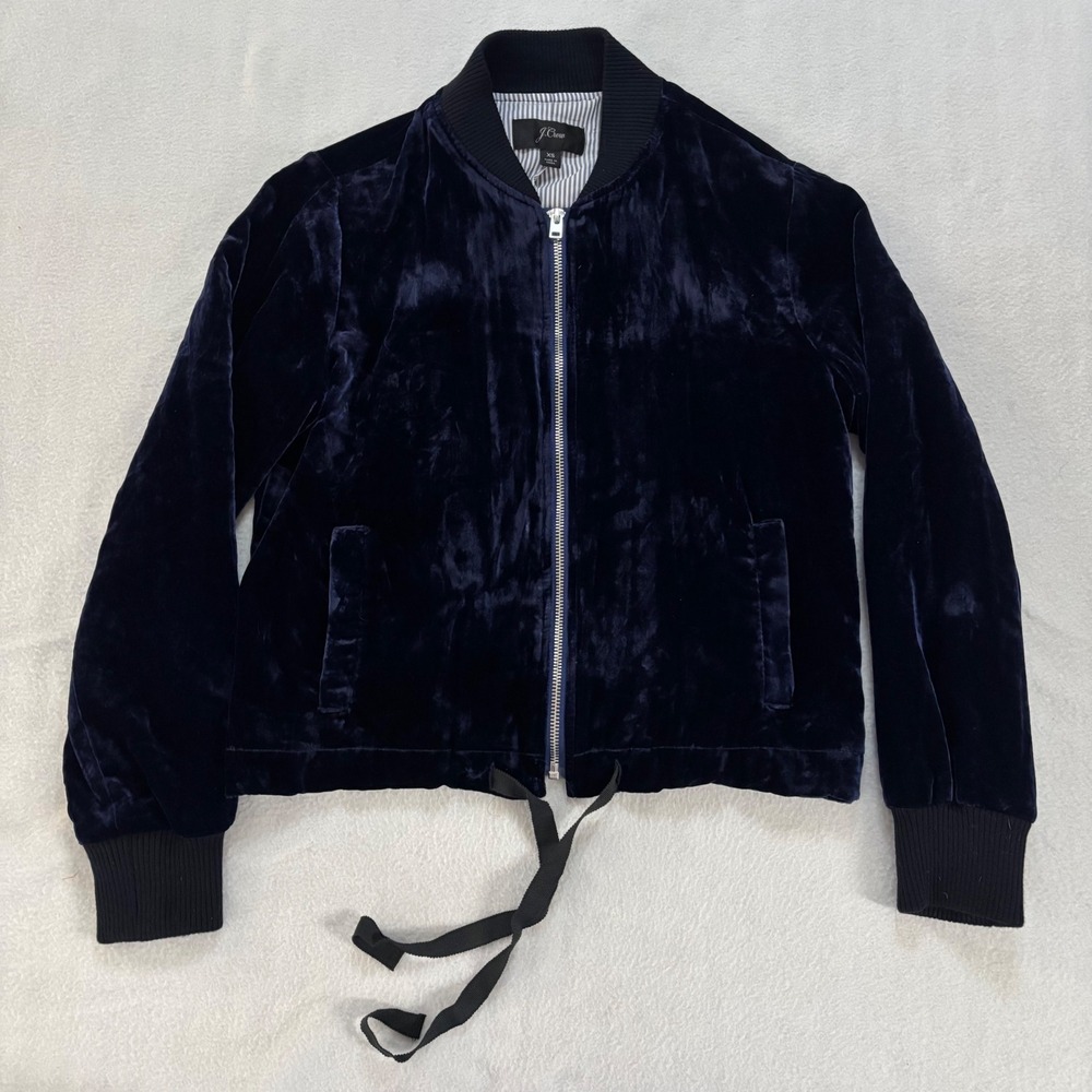 J.Crew Navy Blue Crushed Velvet Bomber Jacket XS Full Zip Striped Lining Tie Hem